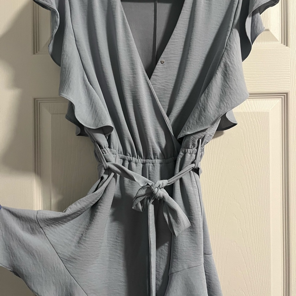 Chic Gray Blue Ruffle Wrap Dress